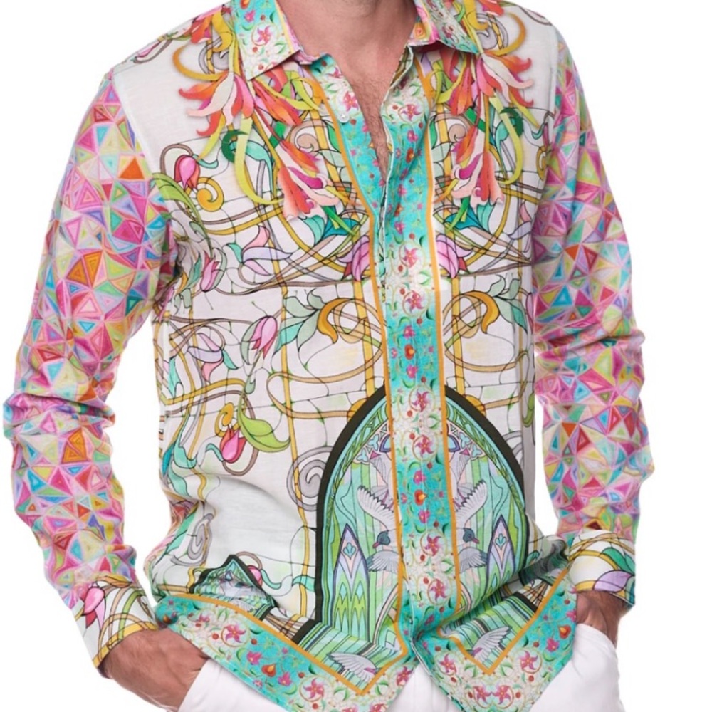 Stained Glass Print Linen & Cotton Blend Button-Up Shirt by Ranee’s Miami